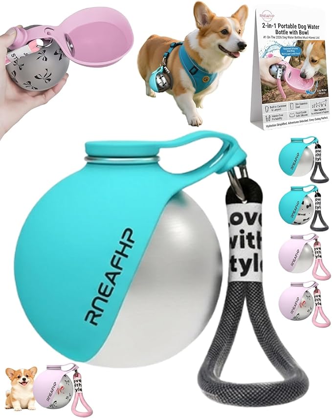 Dog Water Bottle with Bowl 2-in-1 Portable Leak Proof 10 OZ Puppy Travel Drink Dispenser for Large Medium Small Breeds Stainless Steel Hydration Tumbler Buddy Cup for Dogs Pets Outdoor(Blue A)