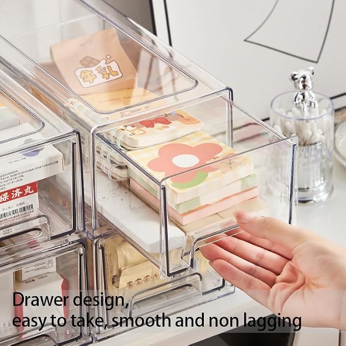 Pull Out Drawer Medicine Box for Safe Medication Storage, Large Refrigerator Storage Bin for Kitchen Food Safe, Tablet Box for Kids Home/Office Organize Ointments,2 Pack - Clear（ Medium）