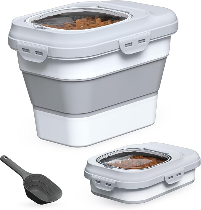 TIOVERY Dog Food Storage Container Small, 10-13lbs Collapsible Dog Cat Food Containers with Airtight Clear Flip-top and Pet Food Scoop, Pet Food Storage Container Bin for Dog Cat Bird Other Pets Grey
