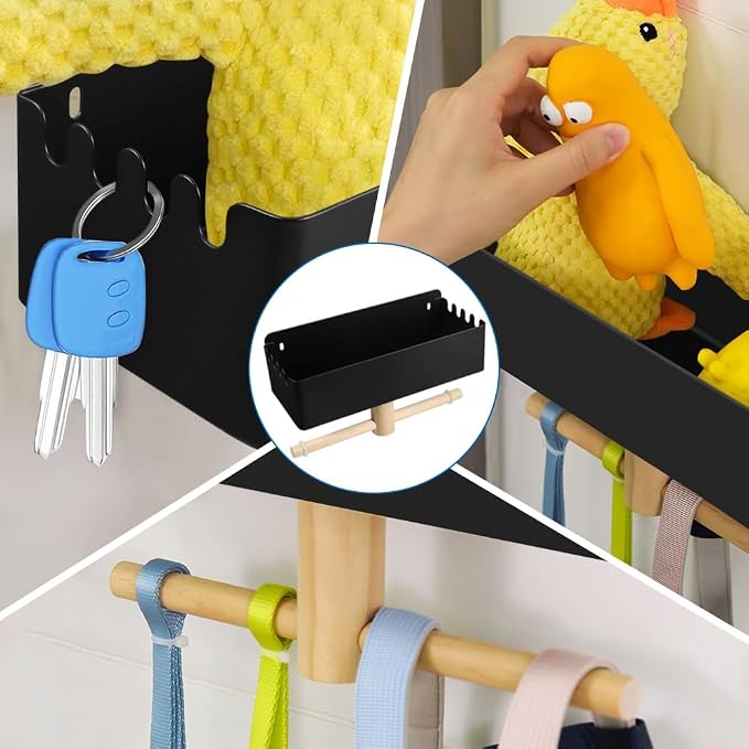 Picowe Dog Leash Holder for Wall, Metal and Wood Dog Leash Hooks, Pet Stuff Storage Shelf Storage for Leashes,Collar, Toys, Treats, Poop Bag (Black)