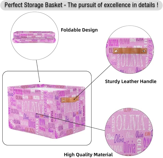 Personalized Name Rectangle Storage Bins, Pink Color Background | Organizing Boys Girls Pets Toys Closet Shelf Clothes Books