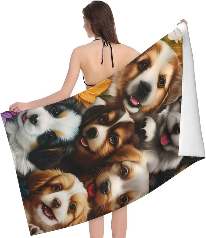 Puppies Beach Towel 31inx51in, Cute Dog Sand-Free Microfiber Bath Towel Ultra Soft Quick Dry Pool Towel Absorbent Towel Lightweight Towel for Swimming Bathroom Decor