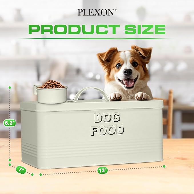 Plexon Metal Dog Food Storage Container with Scoop - Small Dog Food Container 10lbs Holder Treat Jar Bin with Lid - Pet Chow Storage Canister Tin, 2 Gallon, Off-White