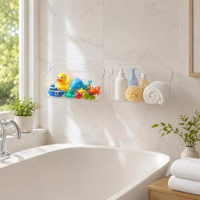 Bath Toy Organizer 2 Pack, Clear Bins with 4 Adhesive Hooks | Clear PET bath toy storage for bathtub and shower; large open bins mount without drilling and detach for easy cleaning.