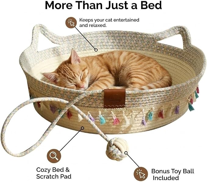 Cat Bed Basket with Play Ball - Cotton Rope Cat Beds for Indoor Cats, Kittens & Medium and Large Cat - Cat Scratching Bed with Decorative Tassels,18.9" L x 18.9" W x 6" Th