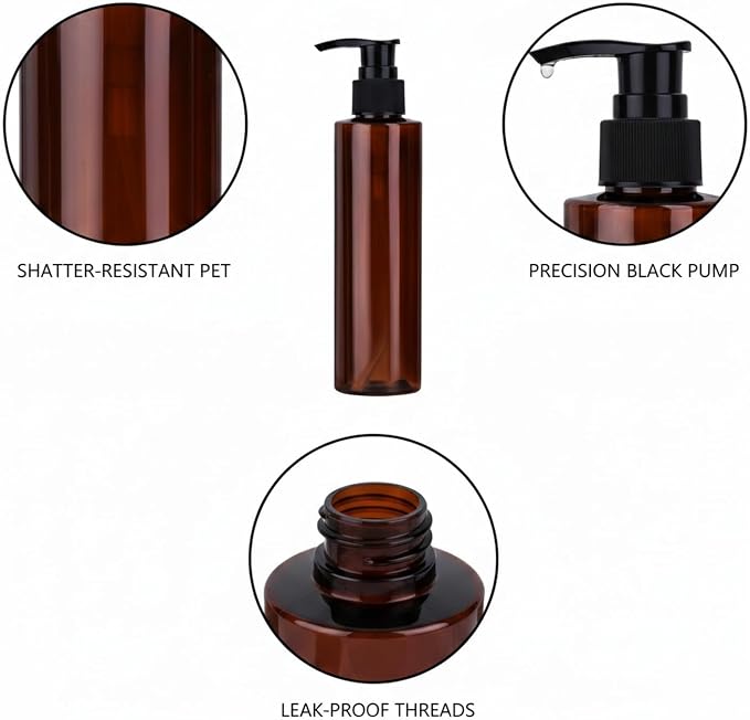 Amber PET Lotion Pump Bottle, Refillable Dispenser for Travel & Bathroom Storage, Black Finish