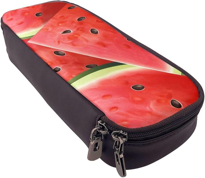 Leather Pen Case with Zipper - Aesthetic Pen Holder Watermelon Slice Pencil Case for Women & Men - Handcrafted Pencil Bag Multi-Functional Travel Cosmetic Case for Work Office Tool Pouch