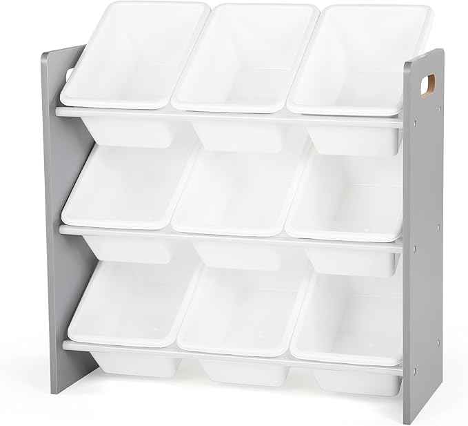 Humble Crew Kids Toy Organizer with 9 Bins, 3 Tier Storage for Playroom | Sturdy wood and steel toddler shelf, removable BPA-free containers, wall anchor anti-tip safety kit for bedroom or classroom