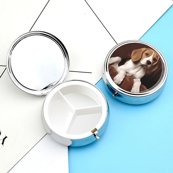 Ovely Pet Dog Beagle Pill Box 3 Compartment Round Travel Pill Case | Metal Mini Pill Organizer for Travel, Easy-Open, Fits Pocket/Purse, Small Pill Container for Vitamins Fish Oil & Supplements