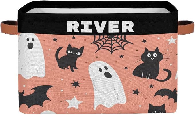 Personalized Dino Storage Basket with Name, Rectangle Toys Storage Bin with Handles for Baby Girls, Collapsible Basket for Clothes, Books, Halloween Spider Wed Ghost Cat Bat