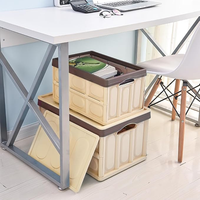 Collapsible Storage Box with lid 30L Lidded Storage Bin Crates Plastic Tote Container Stackable Folding Utility Crates Shelf Basket for Clothes Books Snack Shoe Storage Container (Khaki)