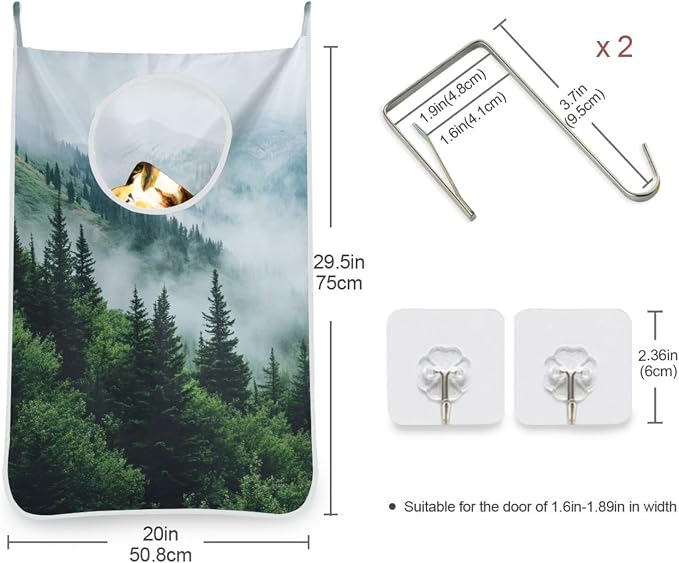 1PC Hanging Laundry Hamper Bag Over the Door Laundry Hamper Wall Hamper Large Dirty Clothes Hamper with Stainless Steel Hooks 29.5x20Inch Foggy Green Mountains and Trees