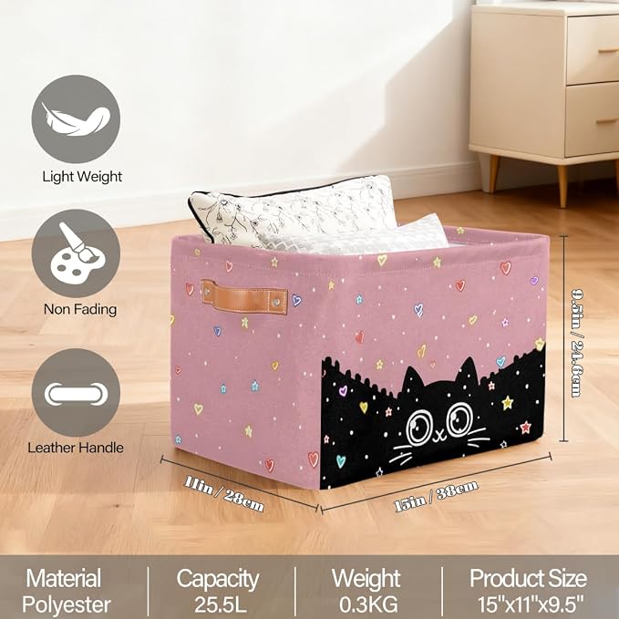 Pardick Storage Baskets Bin, Cute Cat Black Collapsible Canvas Fabric Storage Bin Decorative Baskets Toy Organizer Rectangle Storage Boxes with handles for Home Shelves Nursery,Q-10