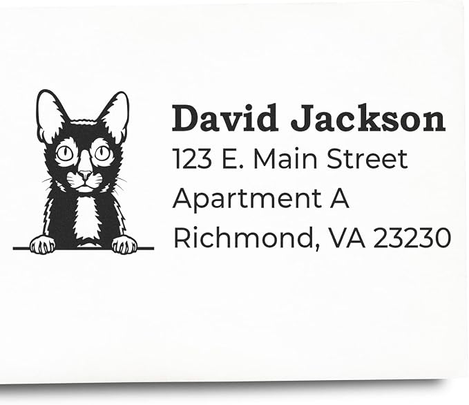 Peeking Lykoi Cat Wood Handle Address Stamp - Custom Rubber Stamp | Rectangular. Personalized Address Stamp for Housewarming Gifts. Lykoi Cat Stationery Stamp. Up to 50 characters per line.