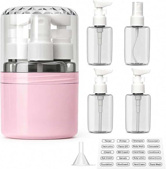 4-in-1 Travel Dispenser with 4 x 50 mL Bottles, Pink | 4 refillable 50 mL bottles, pump and spray tops, included label stickers, compact design for toiletries, travel, gym
