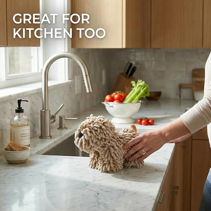 Cute Dog Chenille Hand Towel, 3D Fuzzy Puppy Hangable Ball Hand Towel Microfiber Super Soft Absorbent Bathroom & Kitchen Towels with Hanging Loop, Can Be Placed on the Sink Countertop (Brown)