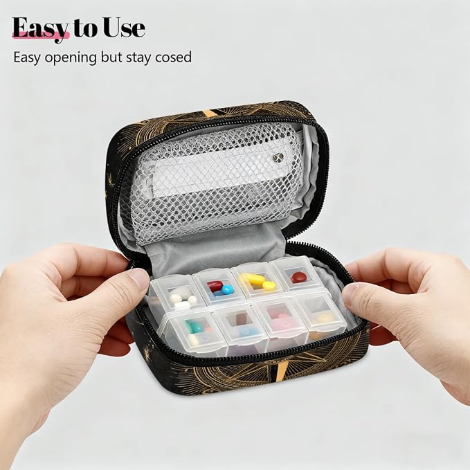 Travel Pill Organizer Black Gold Starry Compass Small Pill Case