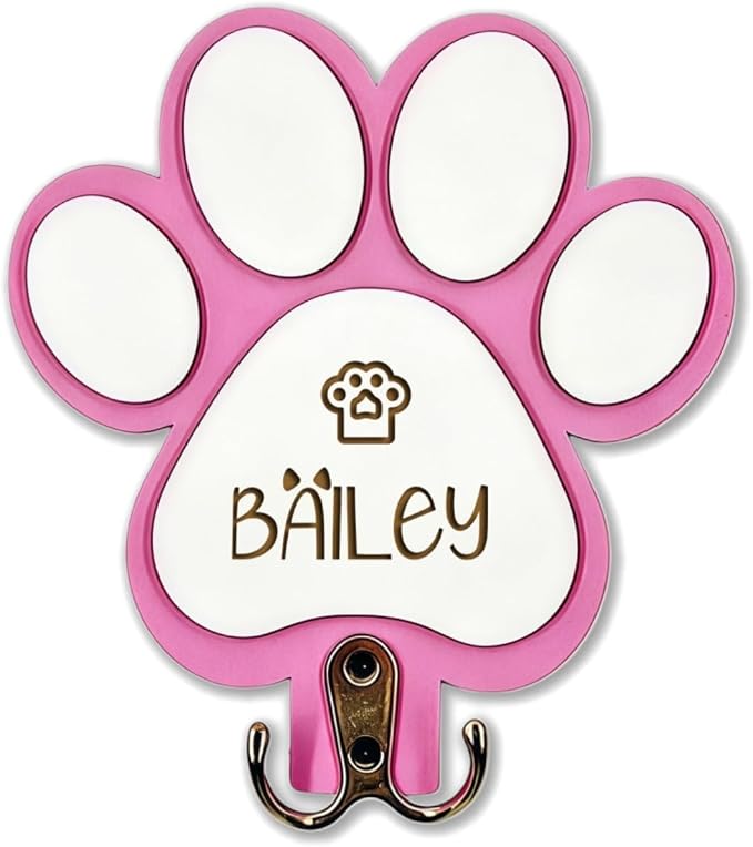 Custom Dog Leash Holder, Personalized Wooden Key Rack with Engraved Name, Wall Mounted Decor Pet Harness Collar Organizer Storage for Dog Lovers(Pink)