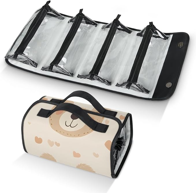 Bear Makeup Bag for Women Hanging Roll-Up Travel Organizer Toiletry Kit with 4 Removable Compartments, Cute Bear
