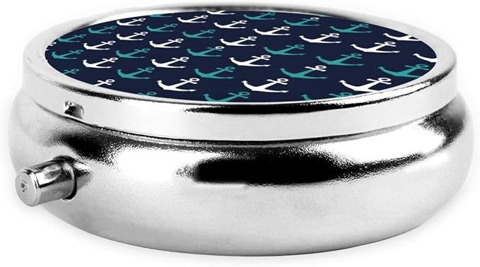 Mini Pill Dispenser, New Nautical Anchor Pattern Navy Blue Teal Round Sturdy Case, Travel Organizer for Supplements, Pocket Purse Container for Business Trips