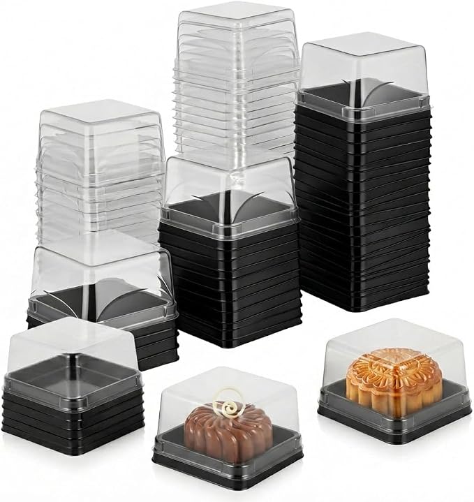 DOITOOL 100 Pcs Mooncake Box 2.75 Inch Clear Individual Cupcake Containers | Square, plastic mooncake packaging, mini cupcake box with lids for flan, macaron, muffin, dessert, cookies, small treats