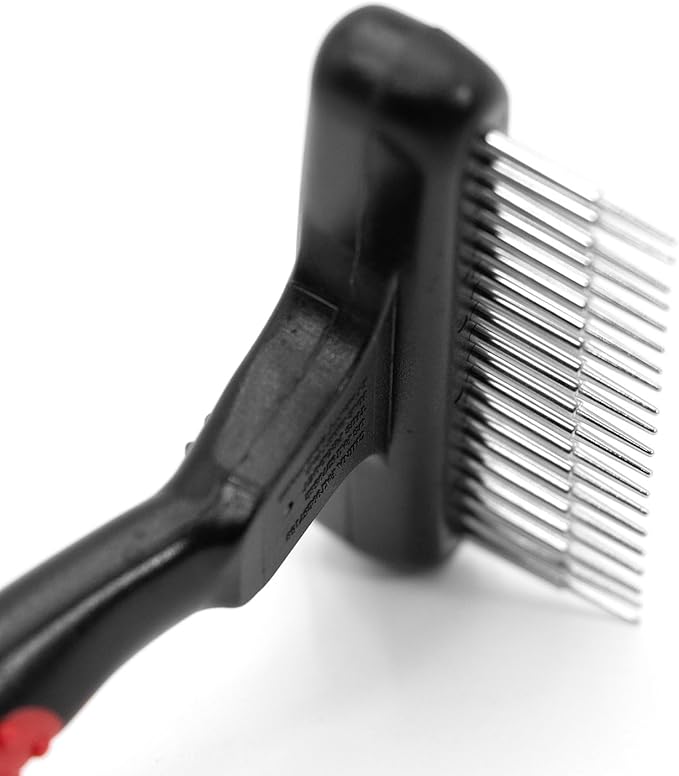 Jeffers Pet Magic Spring Undercoat Rake, Black & Red, 20 Long Pins - Rotating Retractable Teeth for Dogs, Cats - Grooming Tool for Shedding, Detangling, Removing Fur and Mats - Black Red