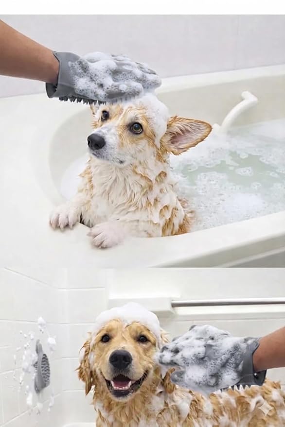 Dog Bathing & Grooming Gloves with Water-Drain Design – Silicone Pet Grooming Brush for Dogs & Cats, Massage Bristles, Reduces Water Buildup, Easy Rinse, Shedding Control (Grey)