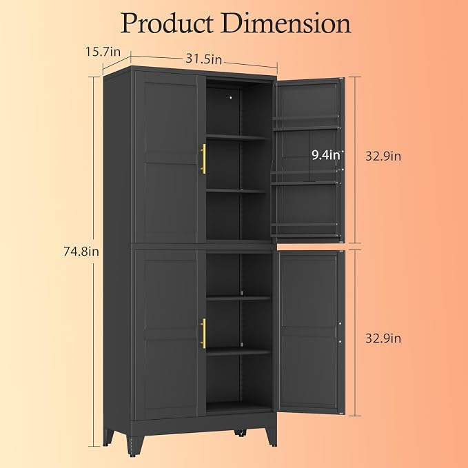 Black Kitchen Pantry Storage Cabinet, 75" Metal Storage Cabinet | Steel Storage with Doors and 3 Adjustable Shelves, Metal Freestanding Buffet Cupboards Sideboard, for Office, Home, School