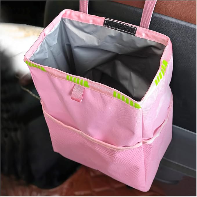 Fekey&JF Foldable Hanging Car Trash Can with Storage Pockets, Pink | waterproof lining, hanging strap, Velcro closure, fits most sedans, SUVs, and trucks, car interior accessories