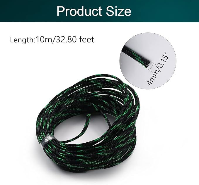 Jutagoss PET Expandable Braided Cable Sleeve, 32.8ft - 3/16 inch Black Fluorescent Green Cable Management Sleeve, Wire Loom Tube Cord Protector for USB Cable, Power Cord, Audio Video and More, 1Pc