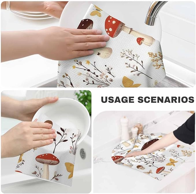 Cartoon Mushrooms Waffle Kitchen Dish Cloths Butterflies Mushroom Cute Botanic Ultra Soft Absorbent Quick Drying Dish Towels 16 X 24 Inches Set of 2