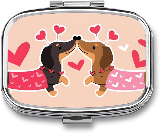 Dachshund Dogs Kiss Heart Durable Metal Pill Case for Daily Use, 2 Slot Medicine Box Organizer,Leak Proof Travel Pill Container for Vitamins, Compact Pocket Medicine Holder for Seniors,Holiday Gift