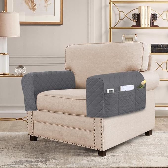 H.VERSAILTEX Water Resistant Couch Arm Covers for Sofa, 2 Pack, Gray/Beige | Waterproof Armchair Caddy, Couch Arm Covers Remote Control Holder Sofa Armrest Organizer for Magazine, Tablet, Phone, iPad