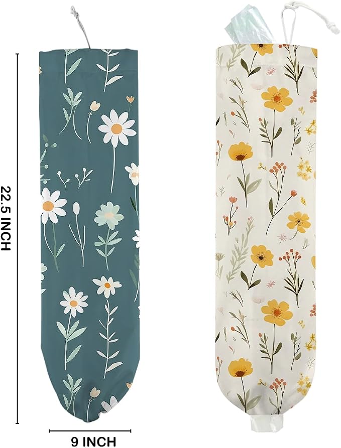 2Pcs Floral Plastic Bag Holder, Wall Mount Trash Bag Holder, Vintage Floral Reusable Grocery Bags Storage Dispenser for Home Kitchen Pantry Farmhouse, Flower Gifts for Women, 22.5x9 Inch