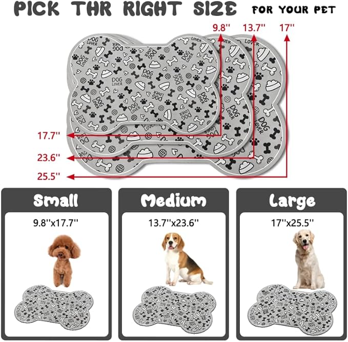 Dog Food Mats for Floors Waterproof, Pet Feeding Absorbent Water Bowl Mat Cat Placemats Gray Bone Shape 23.6 * 15.7 inch