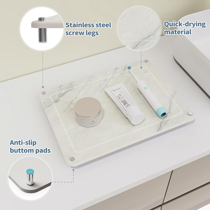 Dish Drying Stone, Water Absorbing Stone Dish Drying Mats for Kitchen Counter, Non-Slip Stone Drying Sink Tray Pad for Dish Bottles Cups, Diatomaceous Earth Sink Caddy Organizer, Beige Marble