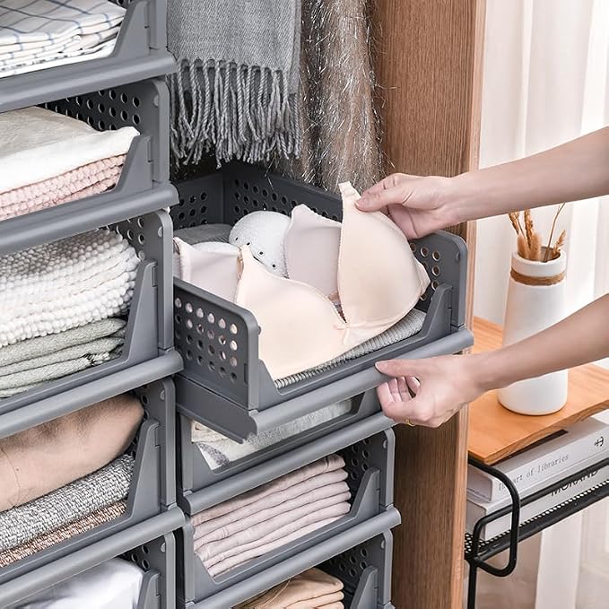 This Foldable Stackable Clothes 6-Tier Drawer Shelf for Bedroom Kitchen Living Room Bathroom Office - Grey Space-Saving Storage Solution (H-18cm)