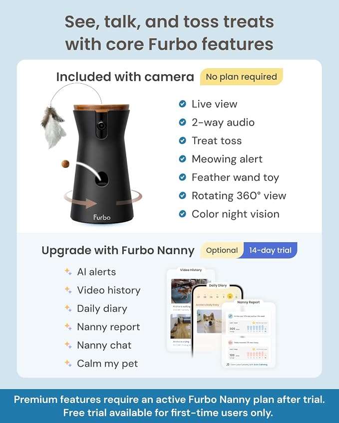 Furbo 360° Cat Camera [No Monthly Fee] | 360° Rotating Live View, Meowing Alerts, Treat Toss, 2-Way Audio, Night Vision, Smart Home Kitten Monitoring, No AI Alerts