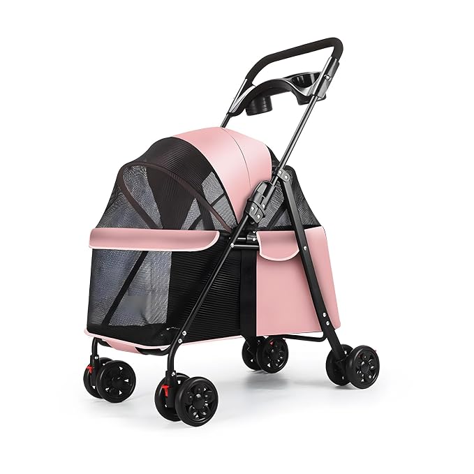 4‑Wheel Foldable Pet Stroller, Travel Strolling Cart for Small & Medium Dog | Breathable Visible Mesh Window, Cup Holder & Storage Basket, Rear Wheel Dual Brake, Portable Folding Design Pink
