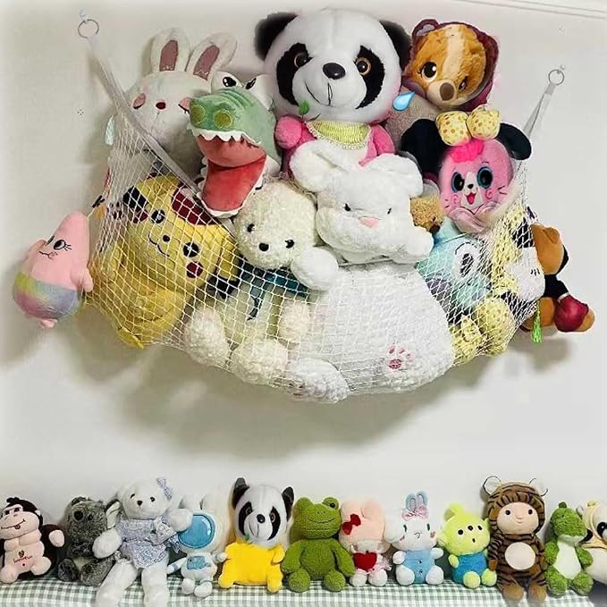 Filled animal net, suitable for flat walls, wall-mounted decorative net bags and storage bags (white). For displaying and storing plush toys and storage mesh bag background wall (1m)
