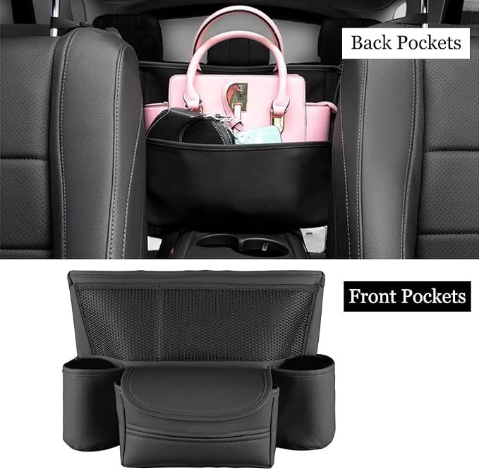 Car Purse Holder Between Seats Car Organizer, Leather Large Capacity Car Handbag Holder for Front Seat, Seat Back Net Bag Double-sided Tissue Storage Handbag Holder Car Divider (Black)