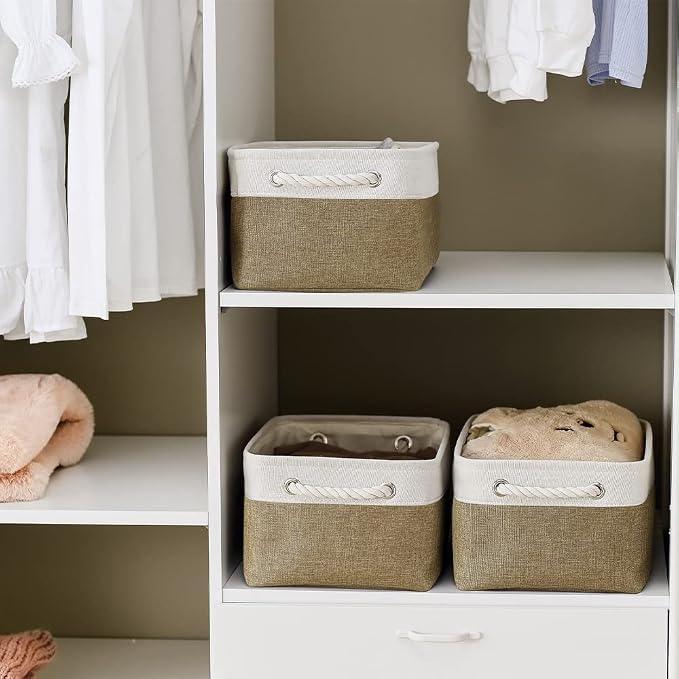 Storage Basket for Shelves - 1 Pack 14x10x6.7 inch Collapsible Storage Bins Storage Boxes for Organizing for Laundry Closet Gift Cloth Nursery (Whiet & Khaki)