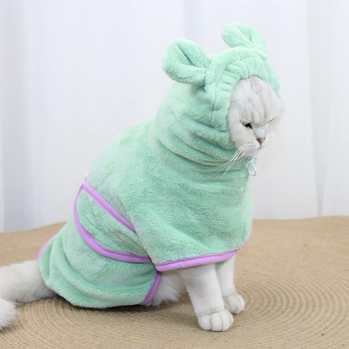 Dog Bathrobe Towel, Cat Bathrobe Microfiber Fast Drying Absorbent Hooded Bath Towel for Puppy Small Medium Large Dog Cat(Green,XS)