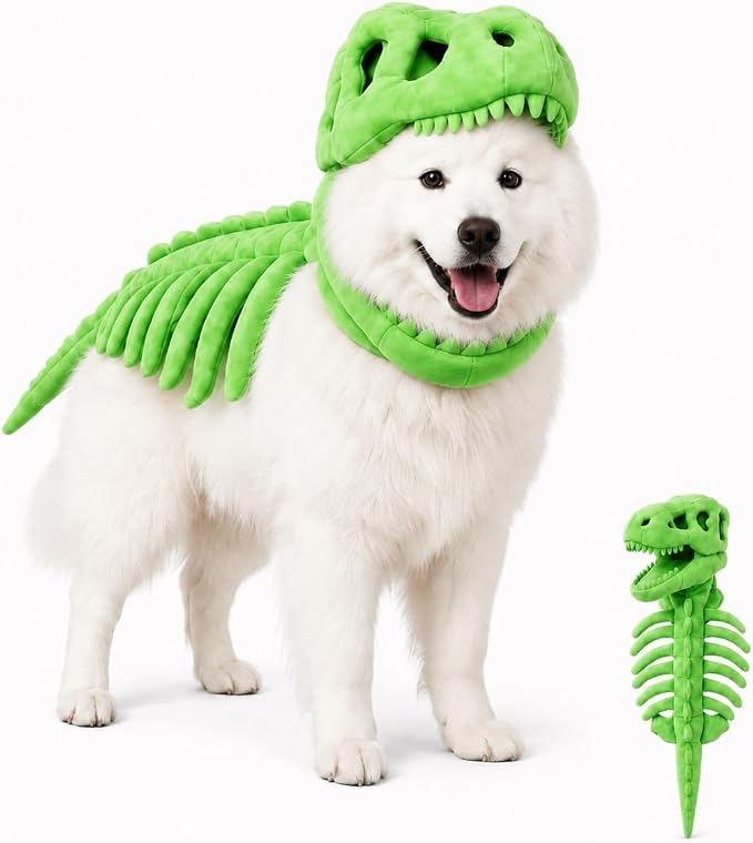 Pet Dinosaur Costume Spinosaurus Skeleton Skull Mask Plush Spine Large Dogs | Soft Lightweight Headpiece with Raised Back Ridge and Tail Suited to Halloween Cosplay Parties Photos Birthdays Large Breeds