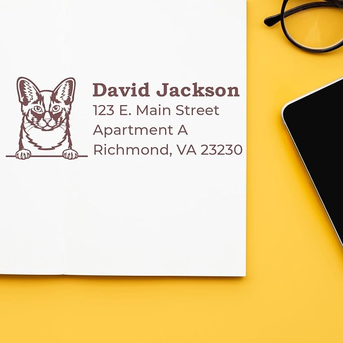 Peeking Oriental Longhair Cat Wood Handle Address Stamp - Crisp Imprint | Custom Oriental Longhair Cat Snail Mail Stamp. Uses a separate ink pad. Rubber Address Stamp for Cat Dads. 4 lines.