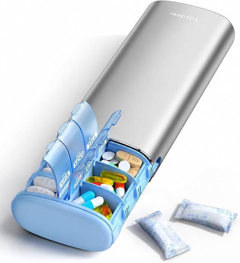 Vaydeer Metal 7 Day Travel Pill Organizer 2 Times a Day, Built-in Desiccant | AM PM weekly Travel Pill Case, Twice-Daily，Airtight Large Capacity Pill Box for Vitamins, Medication, Supplements & Fish Oil