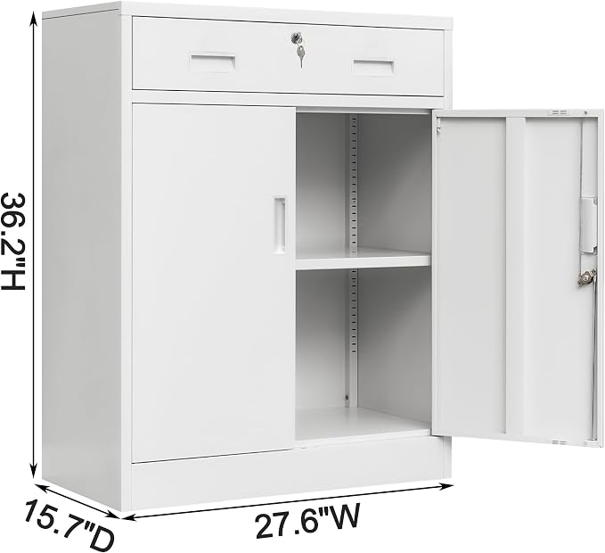 Wanfu Metal Storage Cabinet, Locking Cabinet with 1 Drawer and Adjustable Shelf, 36" H x 28" W x 16" D Steel Storage Cabinet for Office, Garage, Home-White