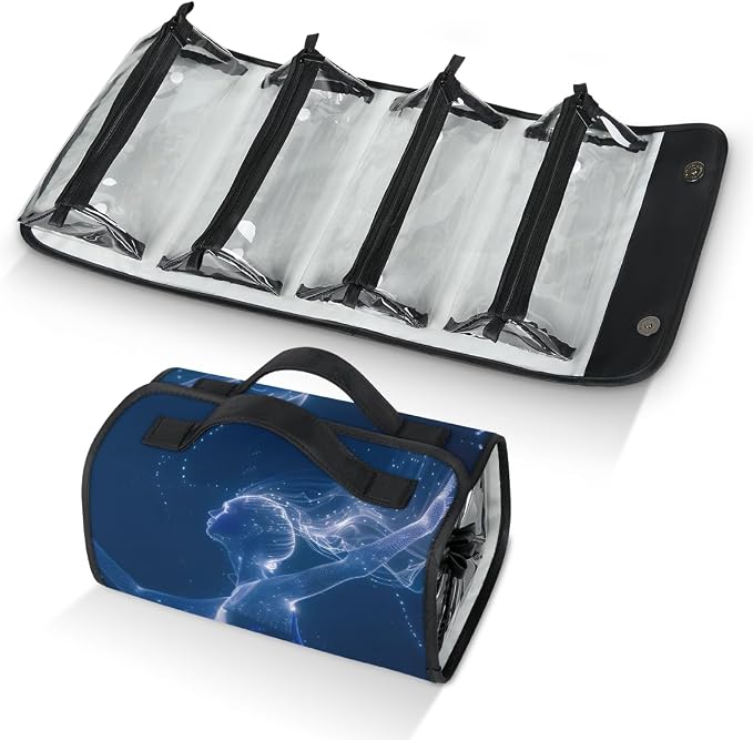 Ballerina Makeup Bag for Women Hanging Roll-Up Travel Organizer Toiletry Kit with 4 Removable Compartments, Art