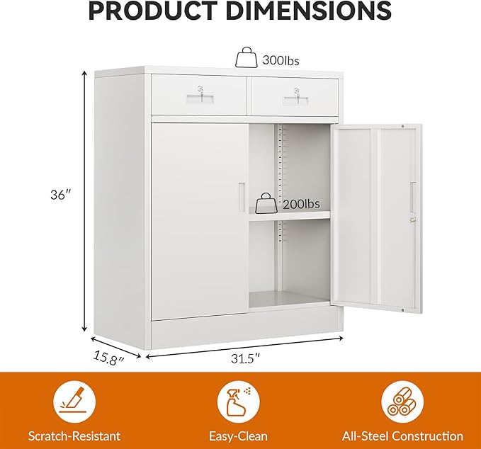 BESFUR Metal Garage Storage Cabinet with Two Lockable Drawers 2 Locking Doors and an Adjustable Shelf, 36" White Metal Short Storage Cabinet for Home Office, Garage,School,Utility Room