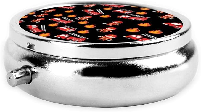 Purse Pill Case, Compact Round Holder for Vitamins, Travel Organizer Pocket Friendly, Moisture Proof Design for Women, Cute Cartoon Firefighter Red Fire Truck